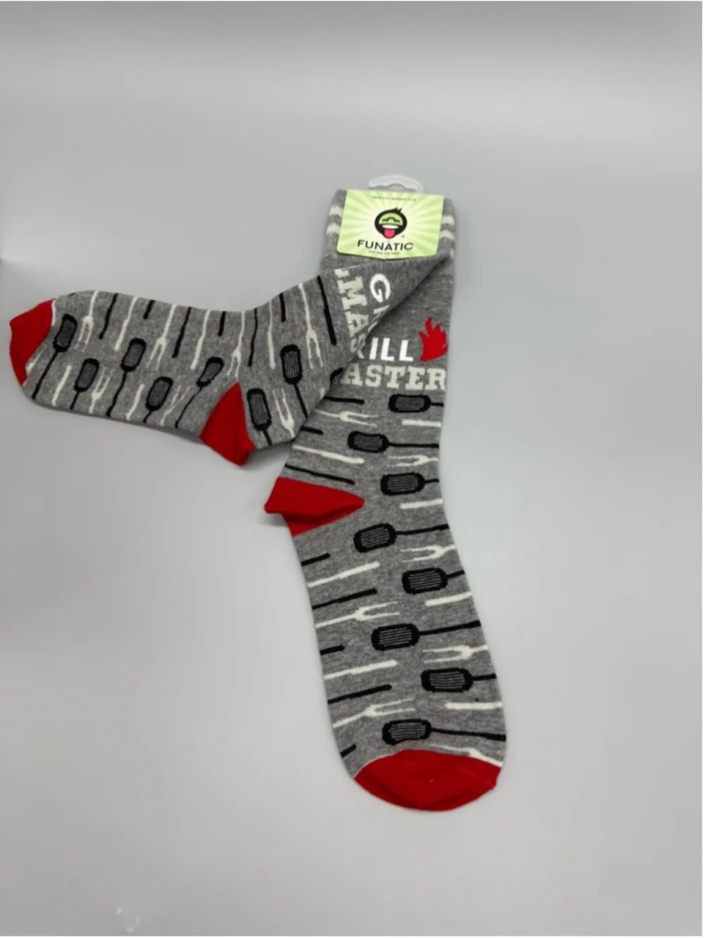 FUNATIC Grill Master Unisex Mid Calf Crew Socks Gray Red Novelty Graphic NEW